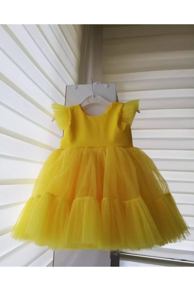 Yellow Girl's Evening Dress with Buckle and Bow Detail Birthday Princess Dress