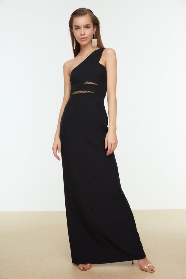 Siyah Pencere/Cut Out Detaylı Dokuma Uzun Gece Abiye Elbise TPRSS21AE0066 - 1