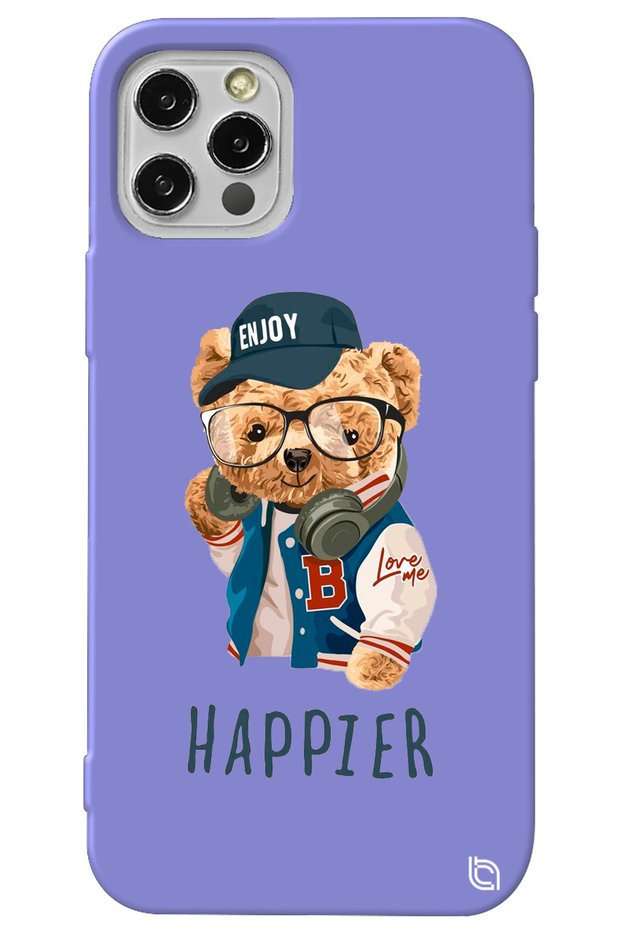 iPhone 13 Pro Lilac Colored Premium Velvet Teddy Bear Patterned Silicone Phone Case