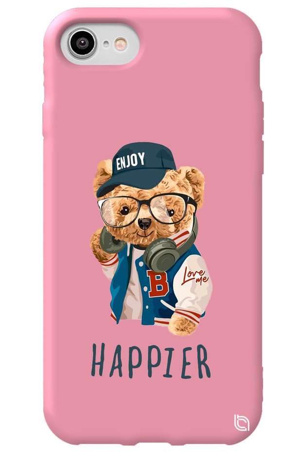 iPhone 8 Pink Color Premium Velvet Inside Teddy Bear Patterned Silicone Phone Case