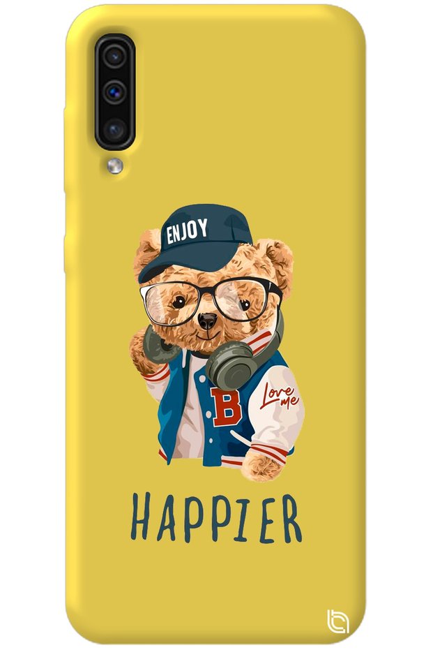 Samsung Galaxy A70 Yellow Color Premium Velvet Inside Teddy Bear Patterned Silicone Phone Case