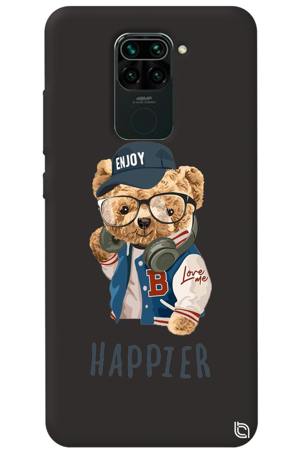 Xiaomi Redmi Note 9 Black Color Premium Velvet Teddy Bear Patterned Silicone Phone Case