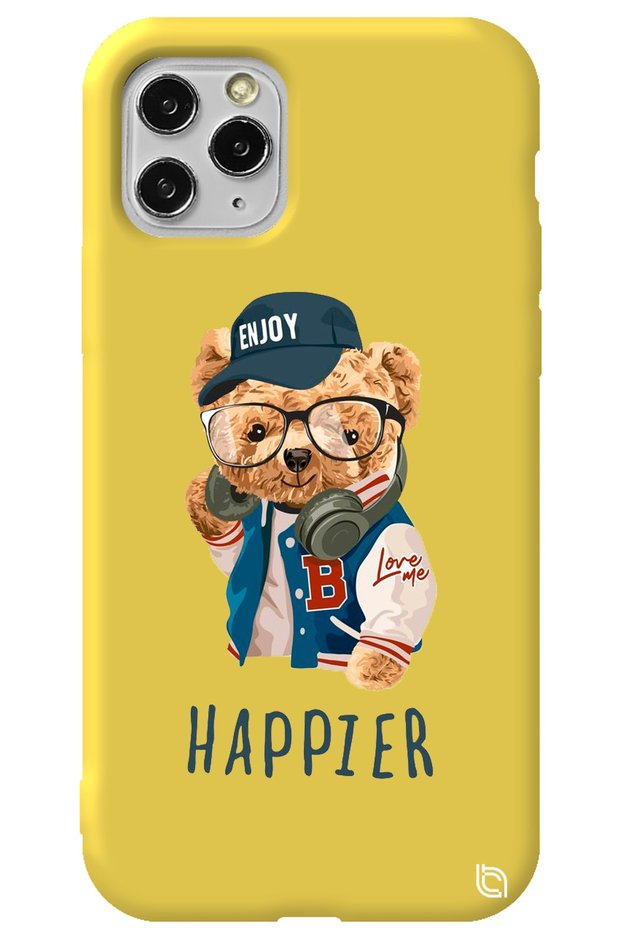 iPhone 11 Pro Max Yellow Color Premium Velvet Teddy Bear Patterned Silicone Phone Case