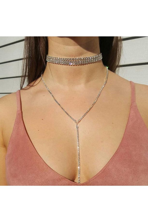 Kristal Taşlı Üç Sıra Choker Kolye Set - 1
