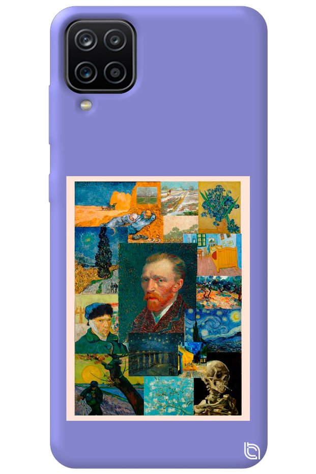 Samsung Galaxy A12 Lilac Color Premium Velvet Inside Van Gogh Patterned Silicone Phone Case