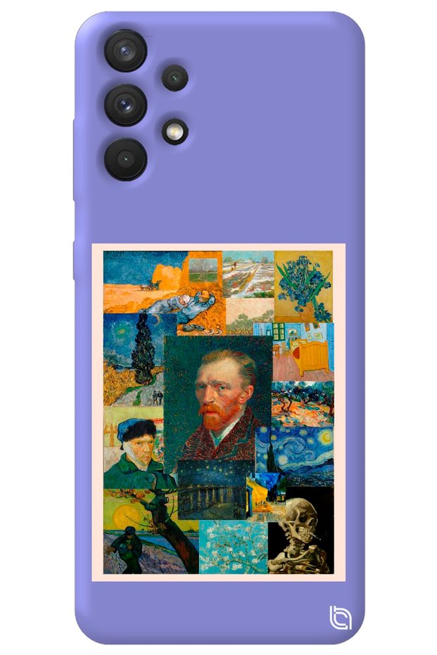 Samsung A32 Lilac Colored Premium Velvet Inside Van Gogh Patterned Silicone Phone Case