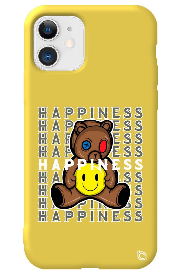 Iphone 12 Yellow Color Premium Silicone Phone Case with Velvet Inside Teddy Bear Pattern