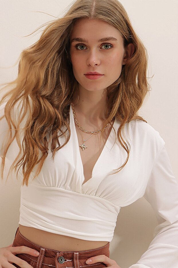 Women's White V-Neck Front and Waist Gathered Sandy Crop Blouse ALC-X7745