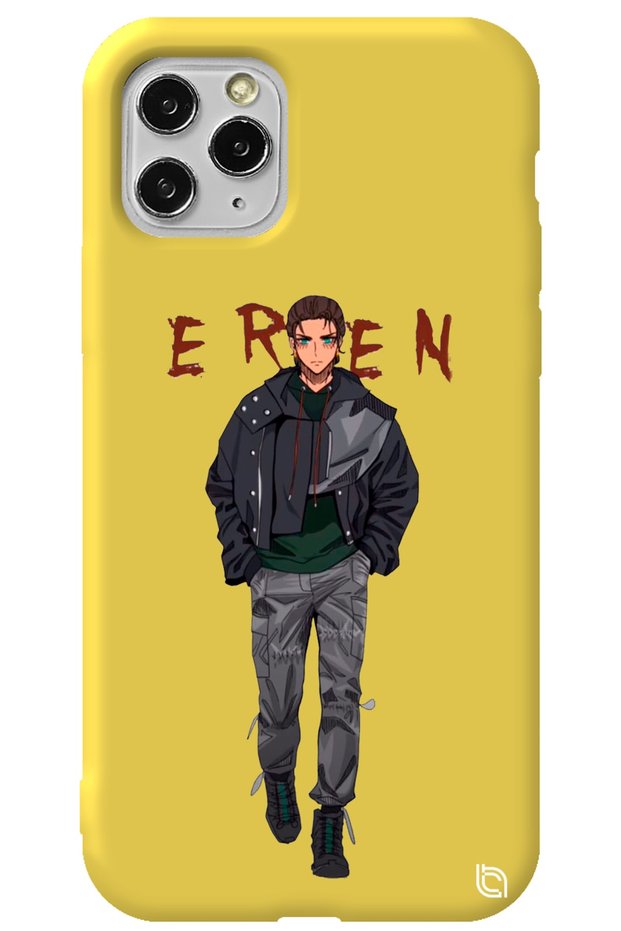 iPhone 11 Pro Max Yellow Premium Velvet Attack on Titan Eren Patterned Silicone Phone Case
