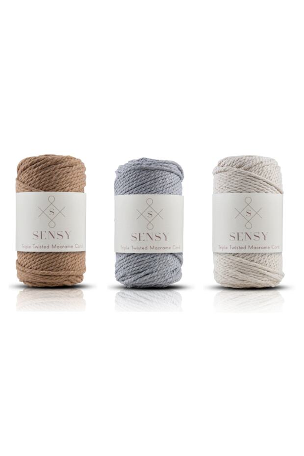 Premium 3 Twist Macrame Rope 3mm Three Twist Scanned Rope Rope Set of 3 Milk Brown-Light Grey-ecru