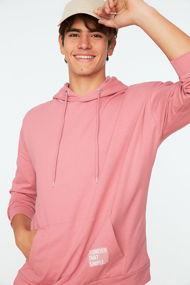 Dusty Rose Hooded Oversize/Wide Cut Long Sleeve Label Appliqued Sweatshirt Tmnss21Sw0221