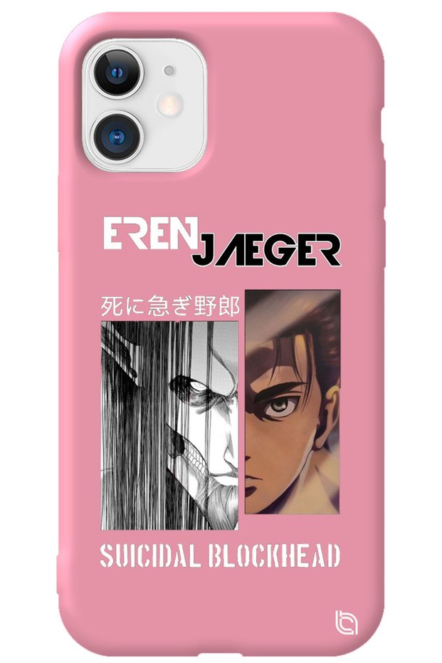 iPhone 12 Pink Premium Velvet Attack on Titan Eren Patterned Silicone Phone Case