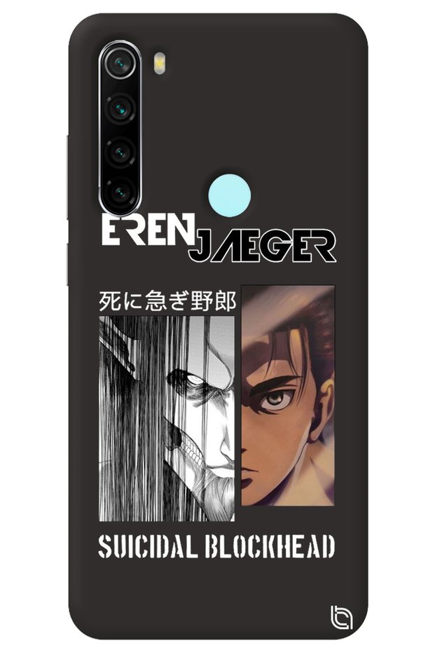 Xiaomi Redmi Note 8 Black Premium Velvet Inside Attack on Titan Eren Patterned Silicone Phone Case