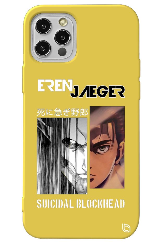 iPhone 12 Pro Max Yellow Premium Velvet Inside Attack on Titan Eren Patterned Silicone Phone Case