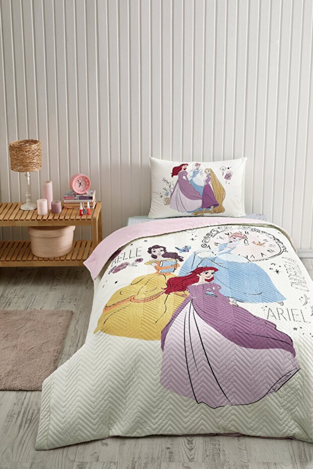 Princess Time Single Disney Licensed Elastic Fitted Bed Sheet Quilted Children's Duvet Cover Set
