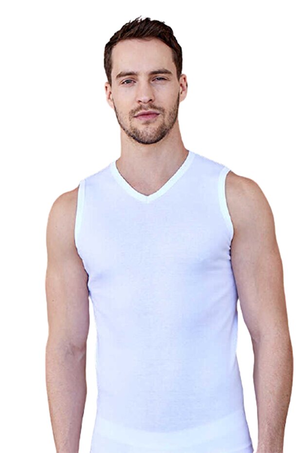 قميص داخلي أبيض برقبة على شكل حرف V للرجال - 1