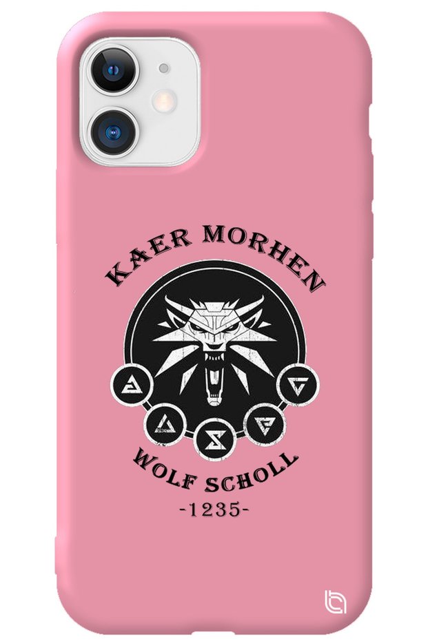 iPhone 12 Pink Color Premium Velvet Inside the Witcher Patterned Silicone Phone Case