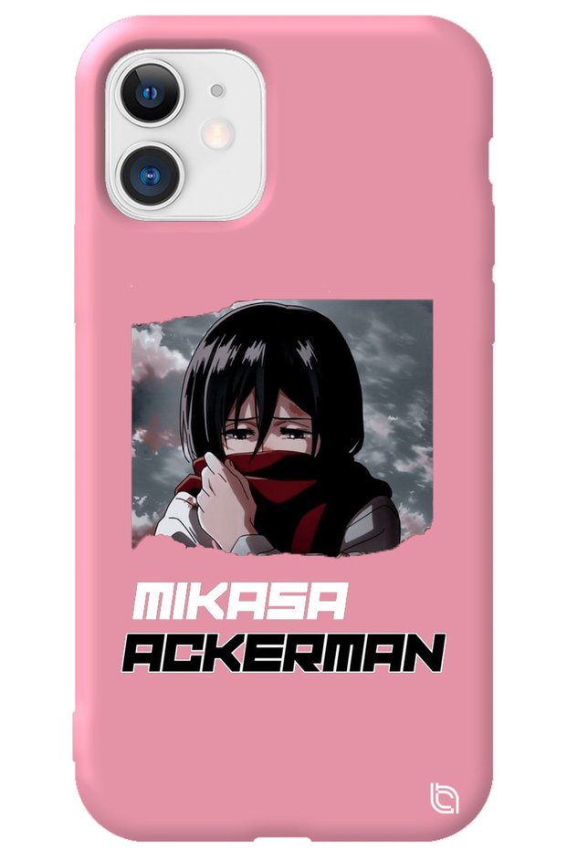 iPhone 12 Pink Premium Velvet Attack on Titan Mikasa Patterned Silicone Phone Case