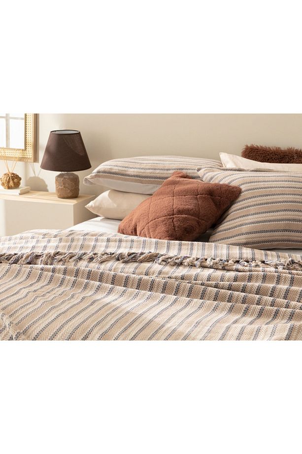 Stripe Wicker Dokuma Tek Kişilik Yatak Örtüsü Takımı 160x240 Cm Bej-Mor - 2