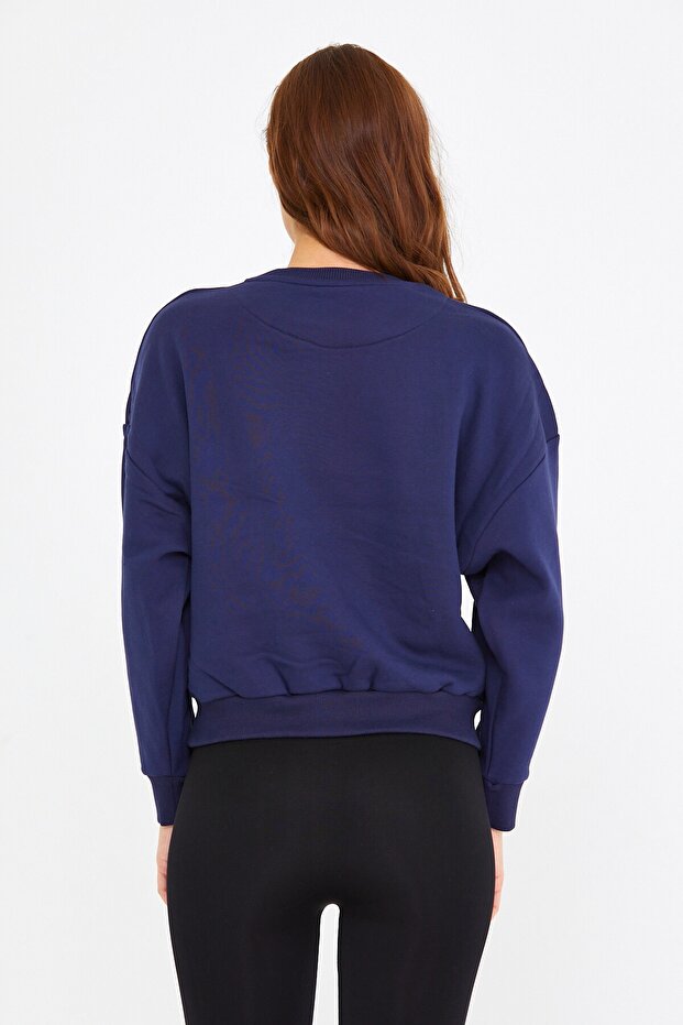 3 Iplikli Pamuklu Lacivert Bisiklet Yaka Sweatshirt - 5