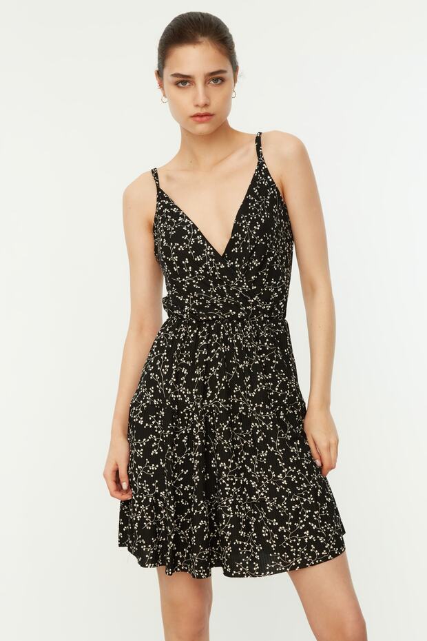 Black Patterned Patterned Double Breasted Neck Mini Flexible Knitted Dress TWOSS21EL1554