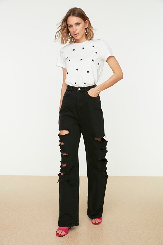 Beyaz %100 Kalın Pamuklu Yıldız Baskılı Regular/Normal Kalıp Örme T-Shirt TWOSS20TS0757 - 2