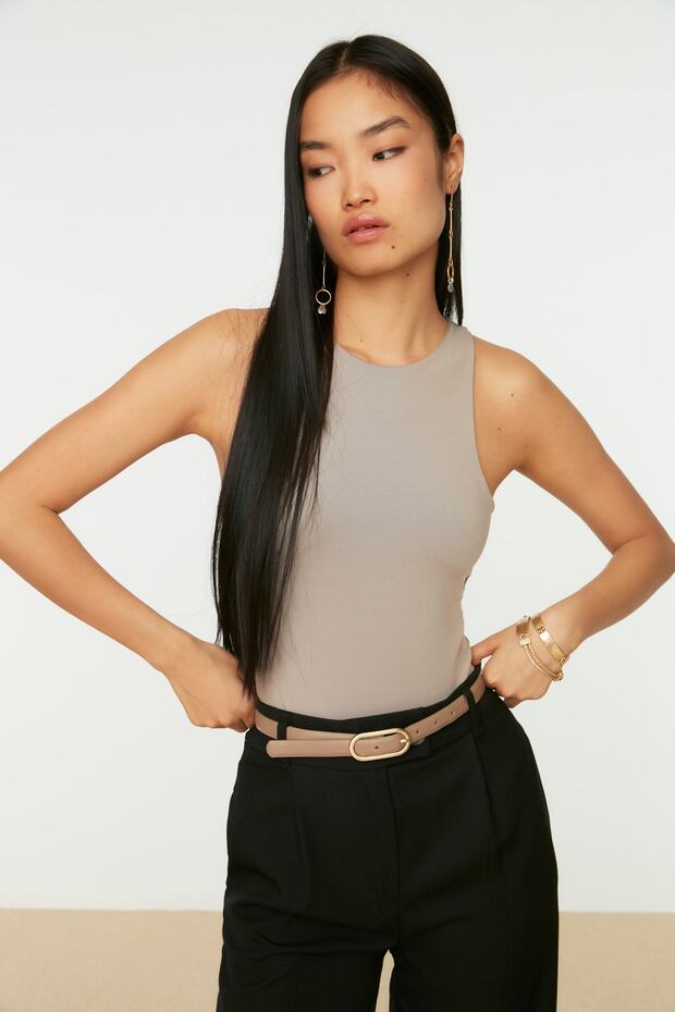 Vizon Halter Yaka Vücuda Oturan Esnek Alttan Çıtçıtlı Örme Body TWOSS20BD0044 - 5