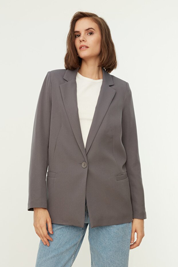 Gri Regular Astar Detaylı Dokuma Blazer Ceket TWOAW20CE0316 - 9