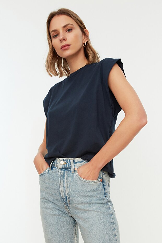 Lacivert %100 Pamuk Vatka Görünümlü Basic Bisiklet Yaka Örme T-Shirt TWOSS20TS0021 - 6