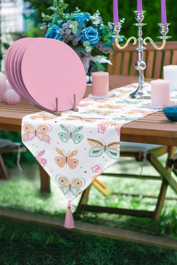 Colorful Butterflies Digital Printed Triangle Tasseled Runner 1 Piece & 6 Pieces Pink Colored Supla