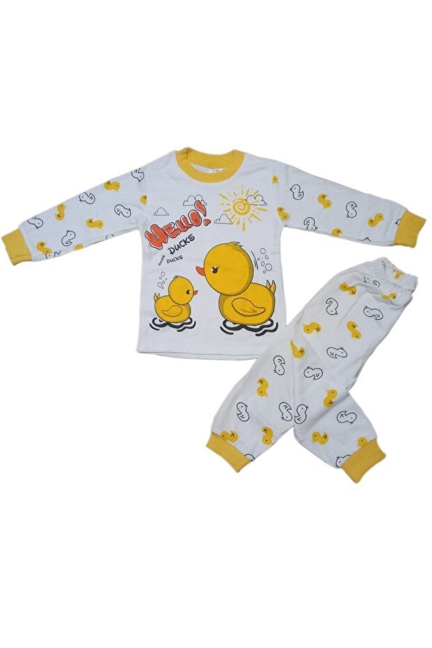 Hello Duck Hello Themed Yellow-white 1-2-3 Years Unisex Cotton Children's Set of 2 Tops and Bottoms
