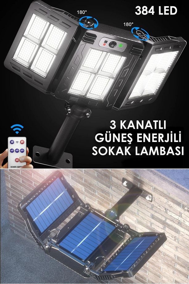 384ledli Solar Bahçe Aydınlatması Projektör Sokak Lambası Hareket Sensörlü Güneş Enerji - 2