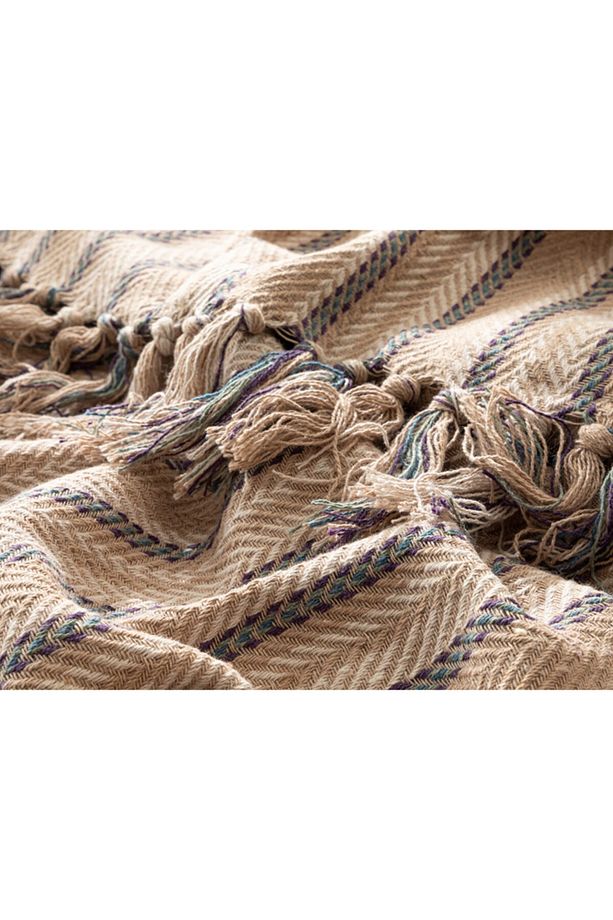 Stripe Wicker Dokuma Tek Kişilik Yatak Örtüsü Takımı 160x240 Cm Bej-Mor - 3