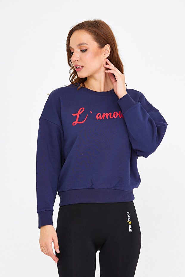 3 Iplikli Pamuklu Lacivert Bisiklet Yaka Sweatshirt - 2