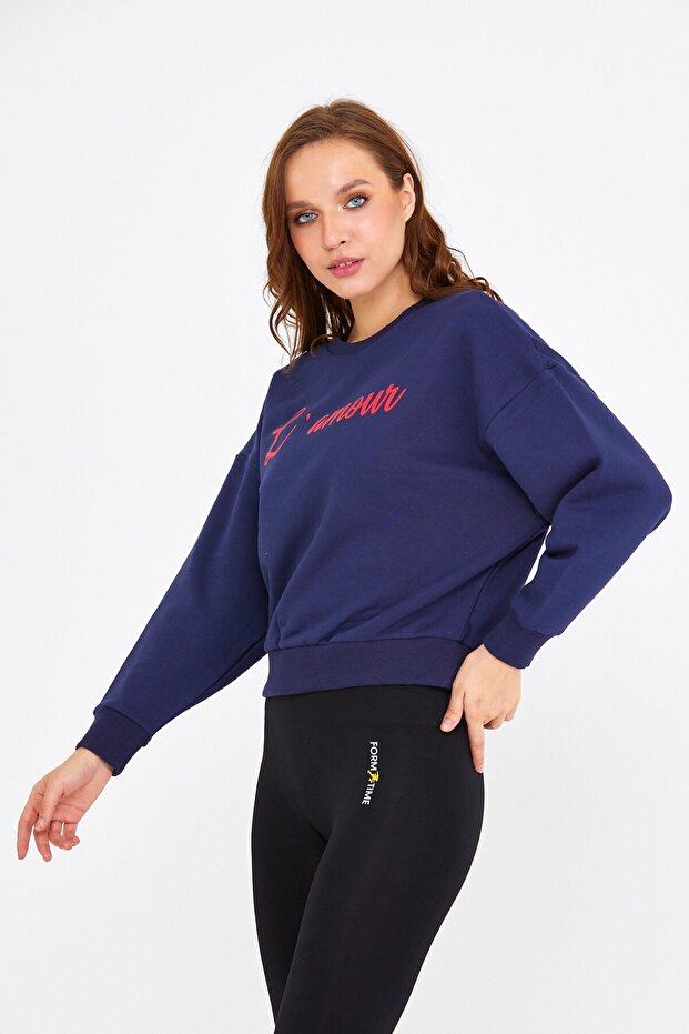 3 Iplikli Pamuklu Lacivert Bisiklet Yaka Sweatshirt - 3