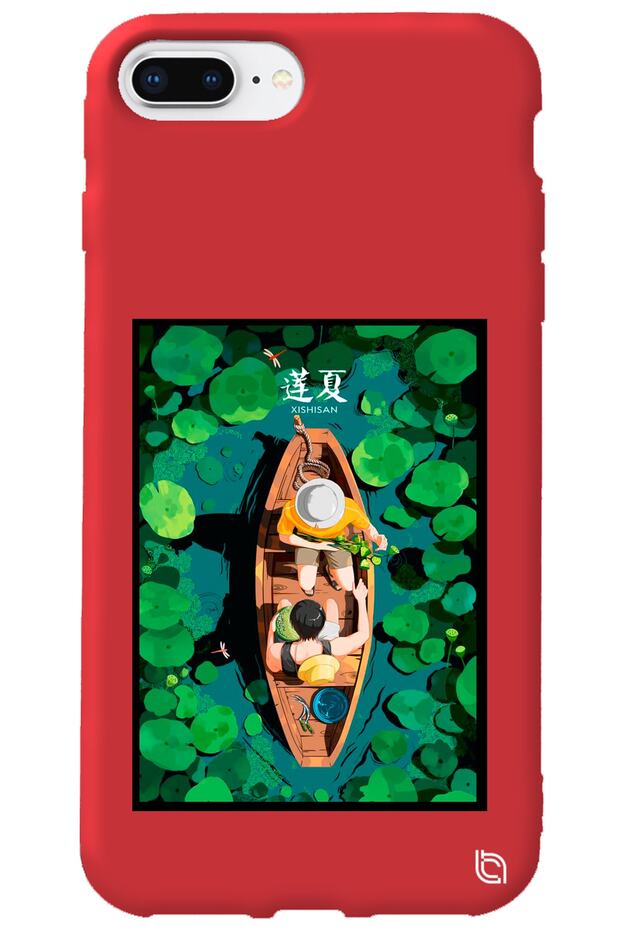 iPhone 8 Plus Red Color Premium Velvet Inside Boat Pattern Silicone Phone Case