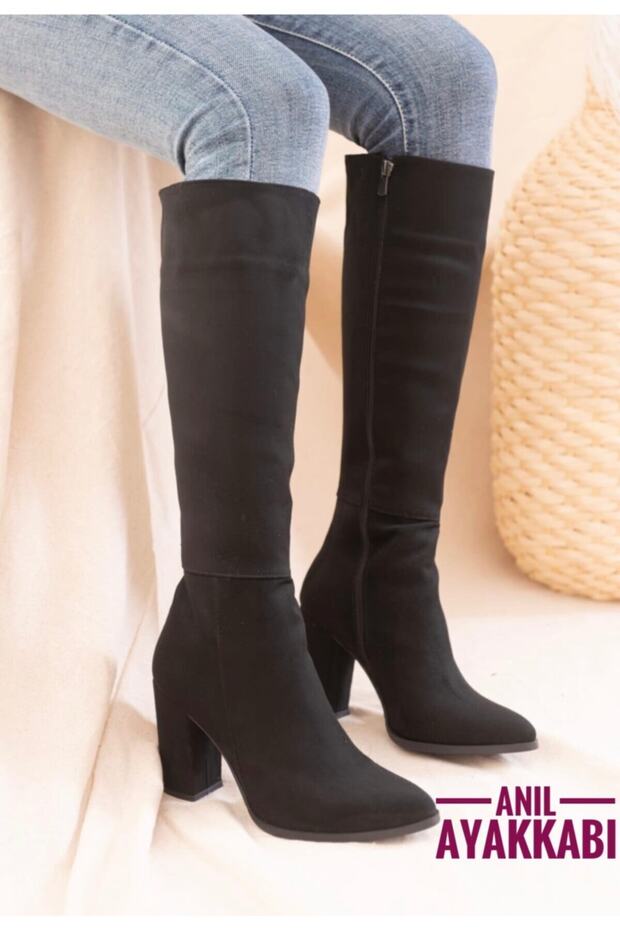 Gny Women's Black Suede Zippered Thick Heeled Below the Knee Boots