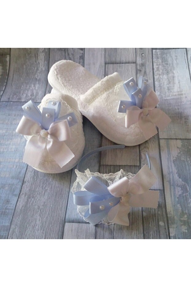Canbutik Ribboned Maternity Crown and Maternity Slippers Set - Blue