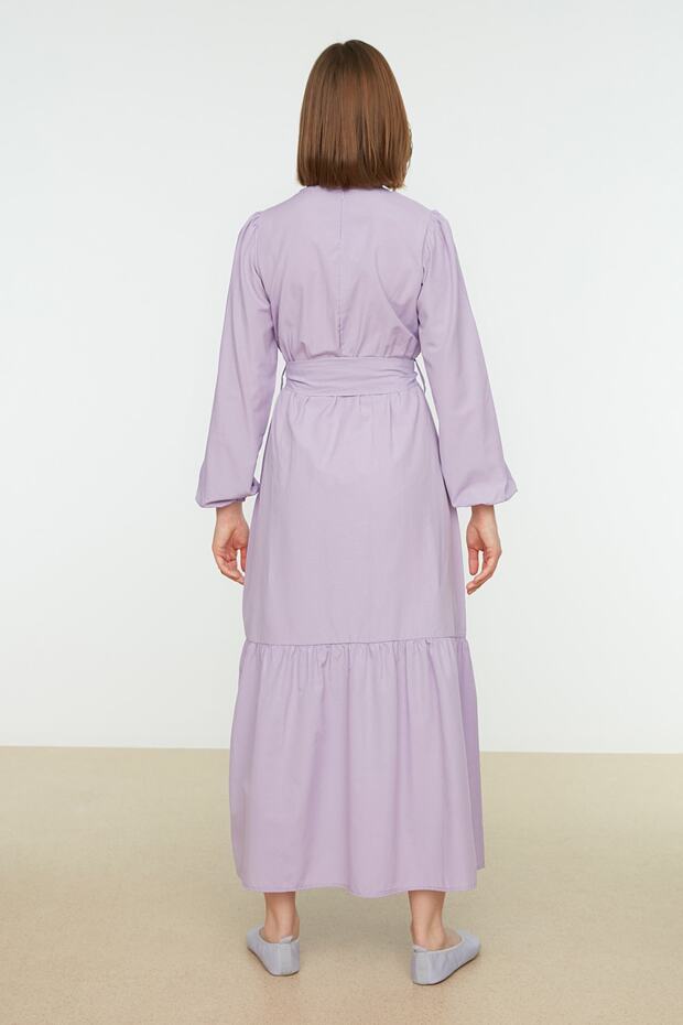 Liliowa tkana sukienka z okrągłym dekoltem i paskiem TCTSS21EL3330 - 5