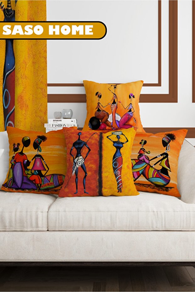 Modern Design 4-Piece Decorative Throw Pillow Cover with African Ethnic Figures (Ultra Quality Velvet Fabric)