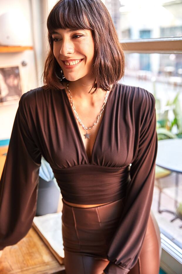 Women's Bitter Brown Deep Low Cut Waist Banded Crop Blouse BLZ-19001696