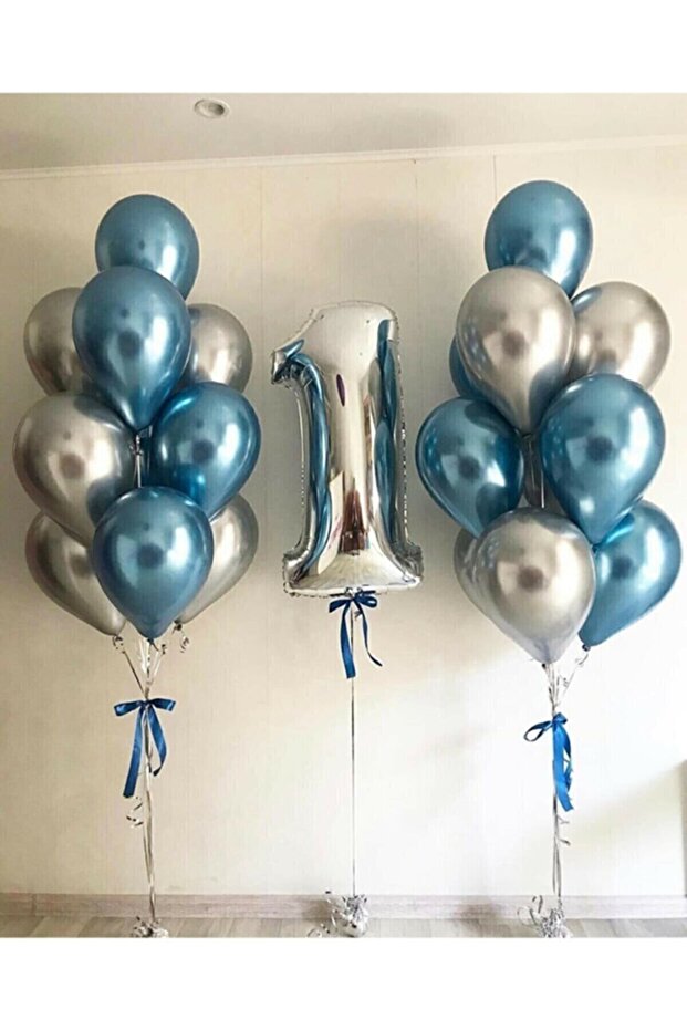 Best Silver 1 Year Old Blue Gray Chrome Balloon Set