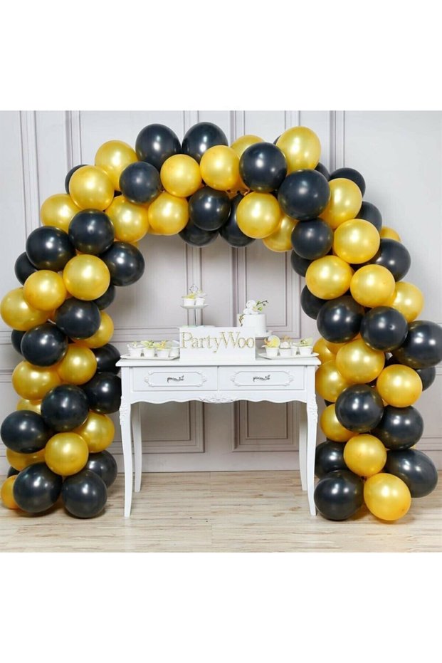 Rönesans 12 Inch 50 Pieces Metallic Gold - Pastel Black Balloon + 5 Mt Balloon Chain
