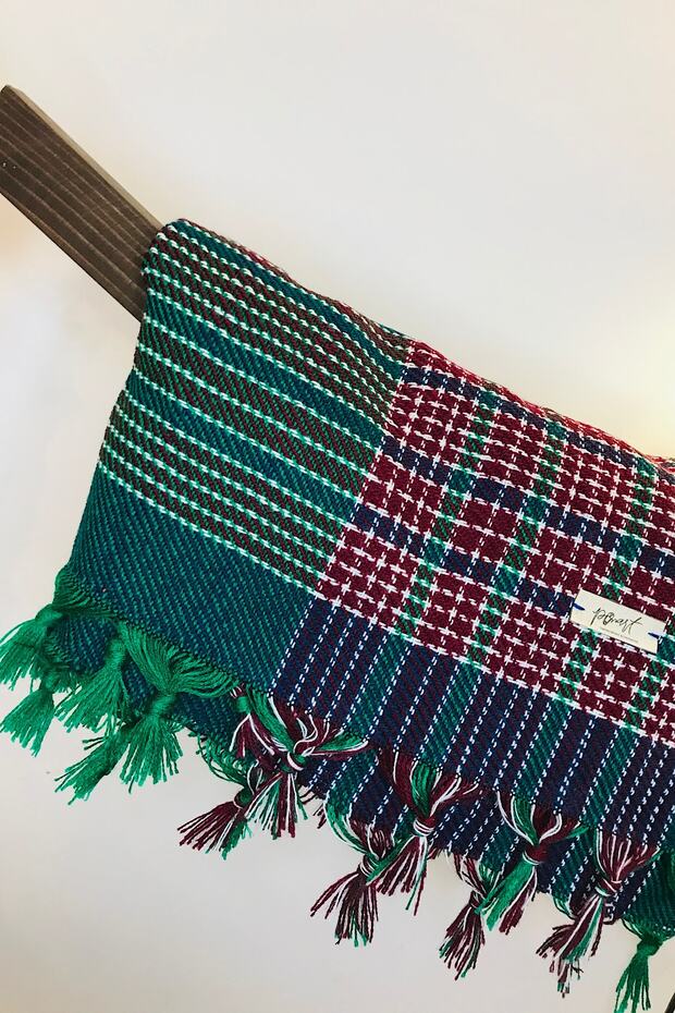 Copy - Hand-Woven Winter Wool Shawl Green-Navy Blue Base 130*130cm Shmn0184