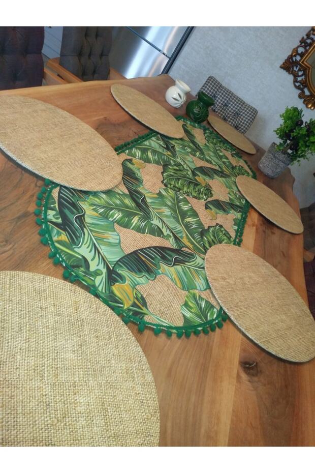 Placemat Set Banana Leaf Patterned Green Pompom Oval Runner 6 Sacks (Straw) Patterned Tableware - 2