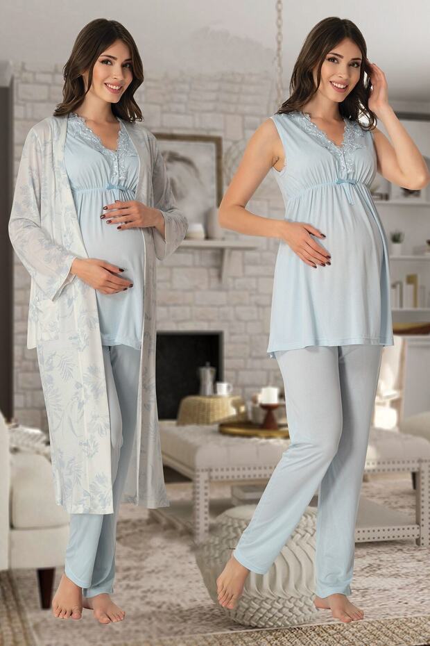 Women's Blue Pattern Maternity Pajamas Set with Dressing Gown 8034