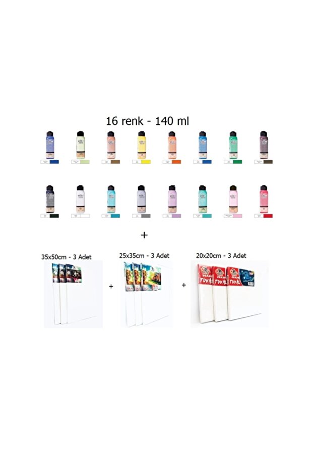 Akrilik Boya 140ml - 16'lı + Aşkar 9'lu Tuval Seti - 1