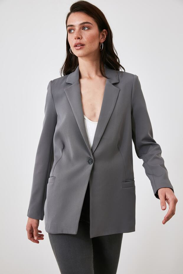 Gri Regular Astar Detaylı Dokuma Blazer Ceket TWOAW20CE0316 - 11