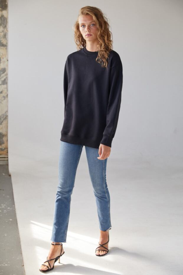 Kadın Siyah Pamuklu Sweatshirt - 3