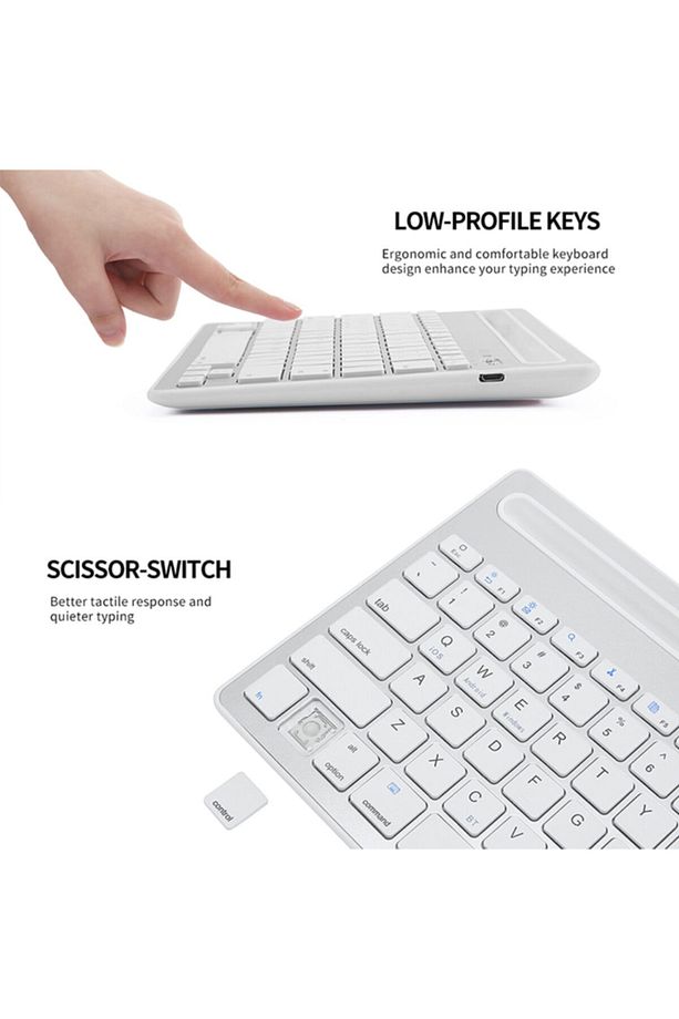 Beyaz Bluetooth Ultra Ince+şarjlı Mac/win/android/ıos Uyumlu Tablet Standlı Kablosuz Klavye - 5